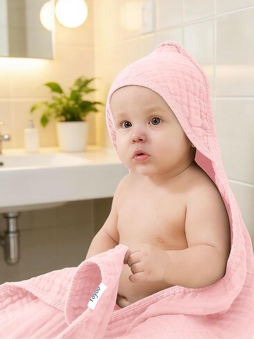 Muslin Hooded Baby Bath Towels - 3 Pack 100% Cotton Ultra-Soft Towels for Newborns, Infants, Toddlers - 32x32 Inch - Highly Absorbent, Quick-Dry Essentials for Bath Time, Beach, Pool, Pink Series in Saudi Arabia