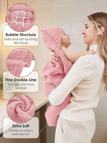 Muslin Hooded Baby Bath Towels - 3 Pack 100% Cotton Ultra-Soft Towels for Newborns, Infants, Toddlers - 32x32 Inch - Highly Absorbent, Quick-Dry Essentials for Bath Time, Beach, Pool, Pink Series in Saudi Arabia