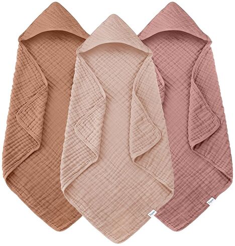 Muslin Hooded Baby Bath Towels - 3 Pack 100% Cotton Ultra-Soft Towels for Newborns, Infants, Toddlers - 32x32 Inch - Highly Absorbent, Quick-Dry Essentials for Bath Time, Beach, Pool, Pink Series in Kuwait