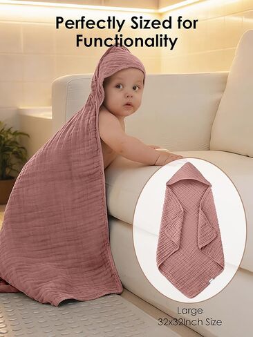 Muslin Hooded Baby Bath Towels - 3 Pack 100% Cotton Ultra-Soft Towels for Newborns, Infants, Toddlers - 32x32 Inch - Highly Absorbent, Quick-Dry Essentials for Bath Time, Beach, Pool, Pink Series in Kuwait