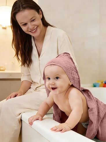 Muslin Hooded Baby Bath Towels - 3 Pack 100% Cotton Ultra-Soft Towels for Newborns, Infants, Toddlers - 32x32 Inch - Highly Absorbent, Quick-Dry Essentials for Bath Time, Beach, Pool, Pink Series in Kuwait