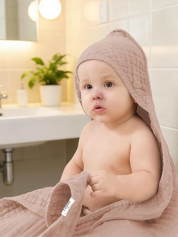 Muslin Hooded Baby Bath Towels - 3 Pack 100% Cotton Ultra-Soft Towels for Newborns, Infants, Toddlers - 32x32 Inch - Highly Absorbent, Quick-Dry Essentials for Bath Time, Beach, Pool, Pink Series in Kuwait