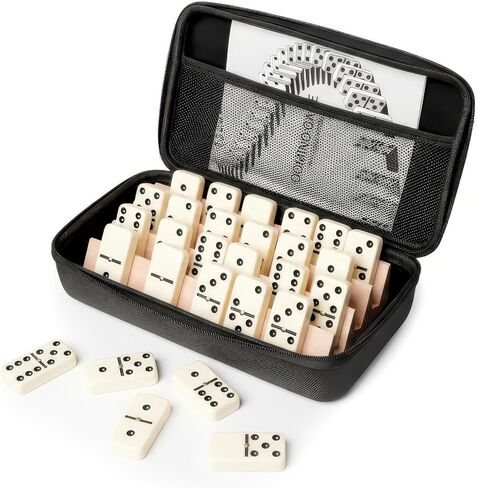 Jumbo Dominos Set with 4 Wooden Racks, Double 6 Dominoes Set with Portable Case 28 Domino Tiles with 4 Tile Holders in Travel Case for Classic Family Board Game in Saudi Arabia