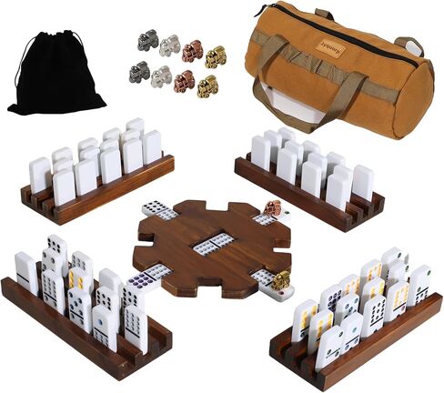 Mexican Train Dominoes 4 Woodentile Rack Set with Wooden 1 Canvas Storage Bag 91 Domino Tile Board Games Includes Metal Train Markers Color Dot Double Twelve Set with for Family Game Night in Saudi Arabia