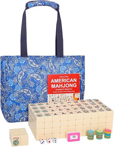 مجموعة ألعاب American Mahjong، مجموعة بلاط Mahjong مع 166 بلاطة كبيرة مرقمة (1.5 بوصة، أزرق)، مجموعة بلاط Mahjong مع حقيبة حمل زرقاء in Kuwait