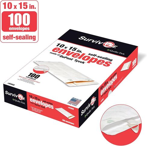 Quality Park QUAR1660 Survivor 10 x 15 Tyvek Catalog Mailer مع إغلاق ذاتي الغلق، 14 رطل، مغلفات DuPont Tyvek مقاومة للثقب والرطوبة، 100 لكل صندوق (R1660)، أبيض in Saudi Arabia