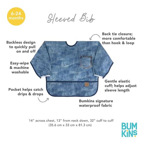 Bumkins Sleeved Bib Baby Bib, Toddler Bib, Smock, Waterproof Fabric, Fits Ages 6-24 Months in Kuwait