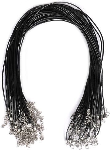 50 Pcs Black Waxed Cotton Cord 18 Inch Leather Necklace with Lobster Clasp and Extension Chain for Jewelry Making Supplies in Saudi Arabia
