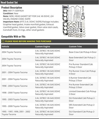 مجموعة حشية الرأس - متوافقة مع 1995-2004 تويوتا تاكوما 3.4 لتر V6 DOHC 24 صمام 5VZFE in Kuwait