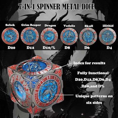 قرص نرد معدني، نرد ميكانيكي ثلاثي الأبعاد محمول 7 في 1، نرد الكل في واحد لمجموعة DND DM & Player RPG MTG in Kuwait