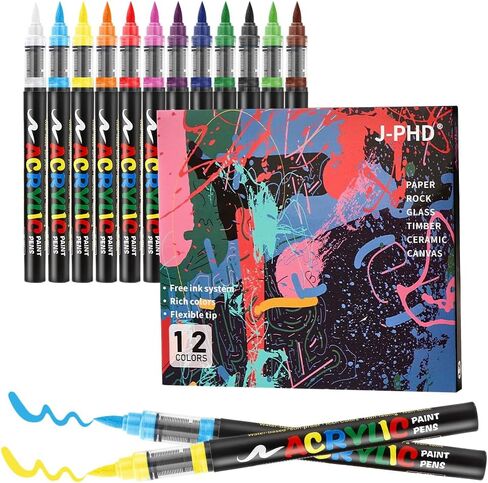Acrylic Paint Markers for Adults | 12 Colors Brush Tip | Washable Coloring Marker | Drawing Pen on Paper, Wood, Canvas | Erasable on Glass | DIY Crafts Back-to-school Art Supplies in Saudi Arabia