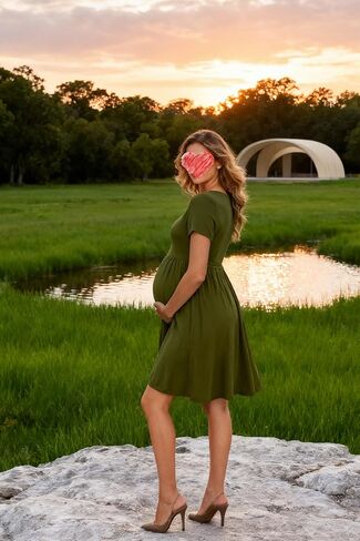 Women's Short Sleeve Maternity Dress Patchwork Pregnancy Clothes with Pockets in Kuwait