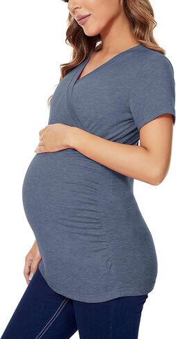 Liu & Qu Womens Maternity Nursing Tops Short Sleeve Breastfeeding Shirts Heather V Neck Clothes in Saudi Arabia