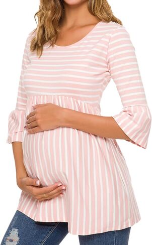 Ecavus ملابس الحمل النسائية غير الرسمية مخططة بيبلوم 3/4 كم كشكش ملابس الحمل فائقة النعومة in Kuwait