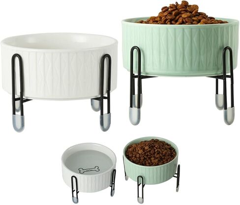 TAMAYKIM وعاء سيراميك للكلاب والقطط بوزن 32 أونصة مع حامل معدني مرتفع منفصل، 3 ارتفاع قابل للتعديل و4 أكواب من البورسلين لتغذية الحيوانات الأليفة ومجموعة أوعية طعام ومياه للقطط الكبيرة والكلاب المتوسطة الصغيرة، أبيض ووردي in Kuwait