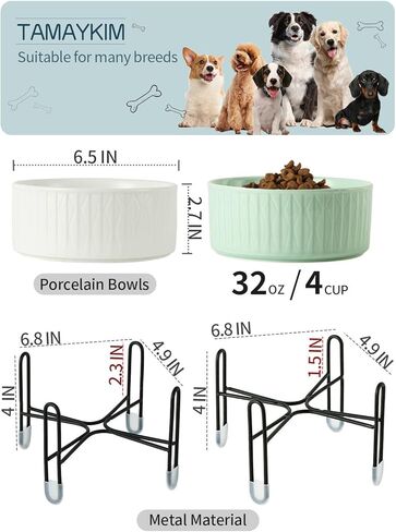 TAMAYKIM وعاء سيراميك للكلاب والقطط بوزن 32 أونصة مع حامل معدني مرتفع منفصل، 3 ارتفاع قابل للتعديل و4 أكواب من البورسلين لتغذية الحيوانات الأليفة ومجموعة أوعية طعام ومياه للقطط الكبيرة والكلاب المتوسطة الصغيرة، أبيض ووردي in Kuwait