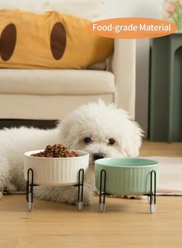 TAMAYKIM وعاء سيراميك للكلاب والقطط بوزن 32 أونصة مع حامل معدني مرتفع منفصل، 3 ارتفاع قابل للتعديل و4 أكواب من البورسلين لتغذية الحيوانات الأليفة ومجموعة أوعية طعام ومياه للقطط الكبيرة والكلاب المتوسطة الصغيرة، أبيض ووردي in Kuwait