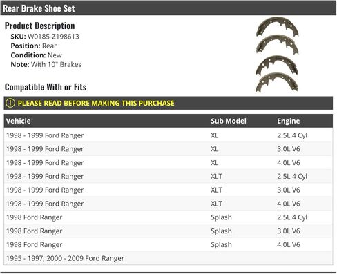 Rear Brake Shoe Set - Compatible with 1995-2009 Ford Ranger with 10 Inch Brakes in Saudi Arabia