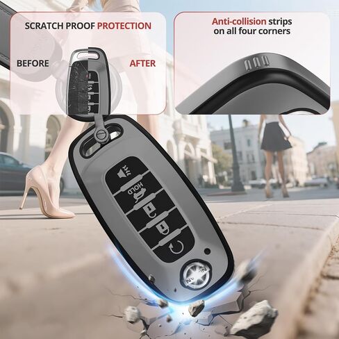 لملحقات غطاء Nissan Key Fob - غطاء مفتاح TPU غير لامع مع سلسلة مفاتيح جلدية لعام 2023 2024 Rogue Pathfinder Versa 2025 Sentra Patrol Armada Smart والمزيد (رمادي غير لامع، 5 أزرار) in Kuwait