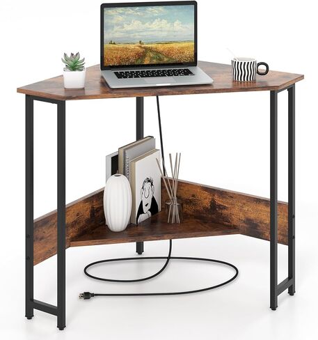 Industrial Corner Desk, Computer Desk w/Power Outlet, Storage Shelves & Metal Frame, Wood Writing Desk for Bedroom, Small Corner Desks for Small Spaces (Rustic Brown, with Keyboard Tray) in Saudi Arabia