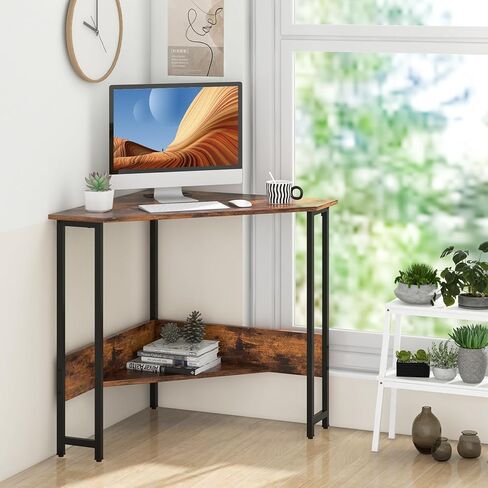 Industrial Corner Desk, Computer Desk w/Power Outlet, Storage Shelves & Metal Frame, Wood Writing Desk for Bedroom, Small Corner Desks for Small Spaces (Rustic Brown, with Keyboard Tray) in Saudi Arabia