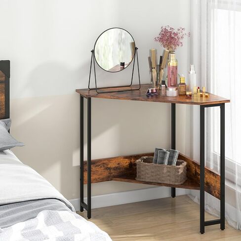 Industrial Corner Desk, Computer Desk w/Power Outlet, Storage Shelves & Metal Frame, Wood Writing Desk for Bedroom, Small Corner Desks for Small Spaces (Rustic Brown, with Keyboard Tray) in Saudi Arabia