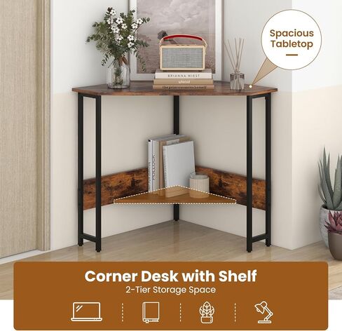 Industrial Corner Desk, Computer Desk w/Power Outlet, Storage Shelves & Metal Frame, Wood Writing Desk for Bedroom, Small Corner Desks for Small Spaces (Rustic Brown, with Keyboard Tray) in Saudi Arabia
