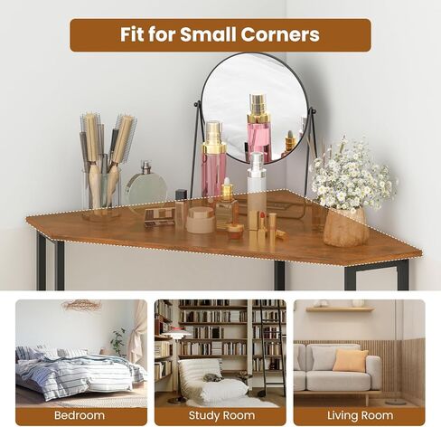 Industrial Corner Desk, Computer Desk w/Power Outlet, Storage Shelves & Metal Frame, Wood Writing Desk for Bedroom, Small Corner Desks for Small Spaces (Rustic Brown, with Keyboard Tray) in Saudi Arabia