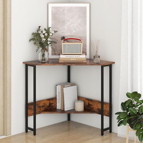Industrial Corner Desk, Computer Desk w/Power Outlet, Storage Shelves & Metal Frame, Wood Writing Desk for Bedroom, Small Corner Desks for Small Spaces (Rustic Brown, with Keyboard Tray) in Saudi Arabia