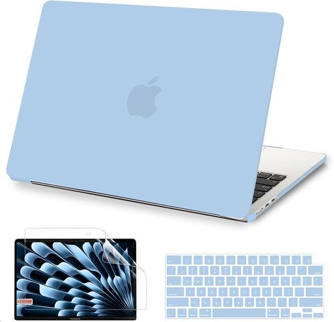 جراب AKIT متوافق مع جهاز MacBook Air 15 بوصة 2025 2024 2023 M4 M3 M2 A3241 A3114 A2941، [رفيع للغاية] [مطابقة الألوان الرسمية] جراب صلب + واقي شاشة + غطاء لوحة مفاتيح لجهاز Mac Air 15 بوصة، أزرق سماوي in Kuwait