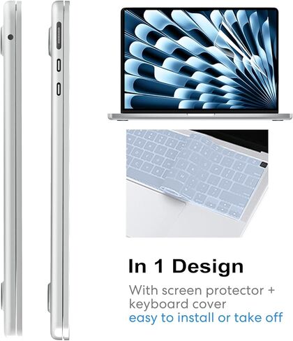 جراب AKIT متوافق مع جهاز MacBook Air 15 بوصة 2025 2024 2023 M4 M3 M2 A3241 A3114 A2941، [رفيع للغاية] [مطابقة الألوان الرسمية] جراب صلب + واقي شاشة + غطاء لوحة مفاتيح لجهاز Mac Air 15 بوصة، أزرق سماوي in Kuwait