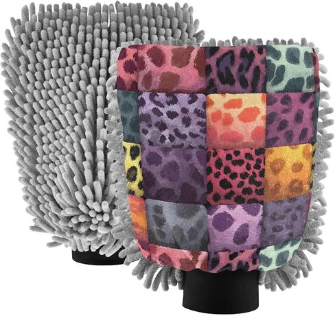AIXIWAWA Leopard Checkered Print Car Wash Mitt Washing Glove Scratch Free Water Absorbent 2 Pack Medium in Kuwait