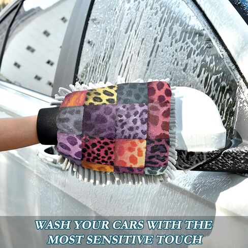 AIXIWAWA Leopard Checkered Print Car Wash Mitt Washing Glove Scratch Free Water Absorbent 2 Pack Medium in Kuwait