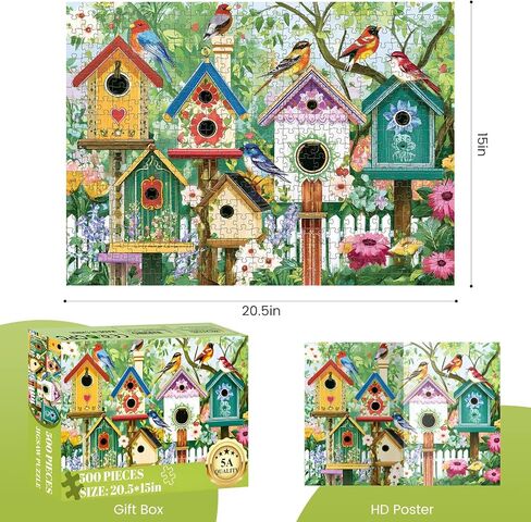 500 Piece Puzzle for Adults, Colorful Birdhouses 500 Piece Puzzle, Vibrant Birds in Blooming Flowers Jigsaw Puzzle, Perfect for Family Game Night, Home Wall Decor, Great Gift for Adults, Seniors in Kuwait
