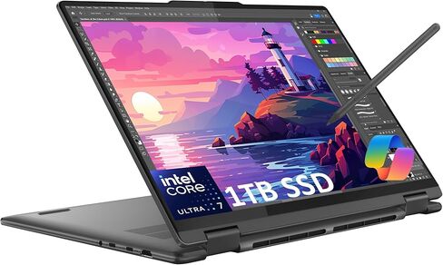 كمبيوتر محمول Lenovo Yoga 7 2 في 1 للمبدع والمصور والمصمم (14 بوصة FHD + شاشة لمس، AMD Ryzen 7 8840HS، ذاكرة وصول عشوائي LPDDR5x سعة 16 جيجابايت، 1 تيرابايت SSD، قلم ستايلس)، كمبيوتر AI، إضاءة خلفية، FP، كاميرا ويب FHD، Win 11 Pro w / مساعد الطيار الآلي in Saudi Arabia
