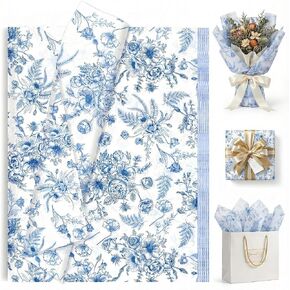 120 Sheets Blue Floral Tissue Paper for Gift Bags - 14x20 Inch Bulk Gift Tissue, Vintage Blue and White Wrapping Paper, Decorative Printed Sheets for Holidays, Birthdays, Crafts in Kuwait