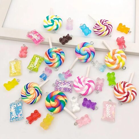 50 Pcs Assorted Colors Candy Pendant Charms, Cute Lollipop Bear Resin Charms for Jewelry Keychain Necklace Bracelet Earrings Making, DIY Crafts Supplies in Saudi Arabia