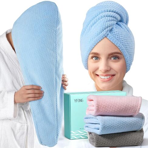 YFONG 3 Pack Large Microfiber Hair Towel Wrap, 30" x 10" Thicker Anti Frizz Quick Dry Hair Towels for Women Long, Curly, Thick Hair, Super Absorbent Hair Turban for Wet Hair (Grey, Pink, Blue) in Saudi Arabia