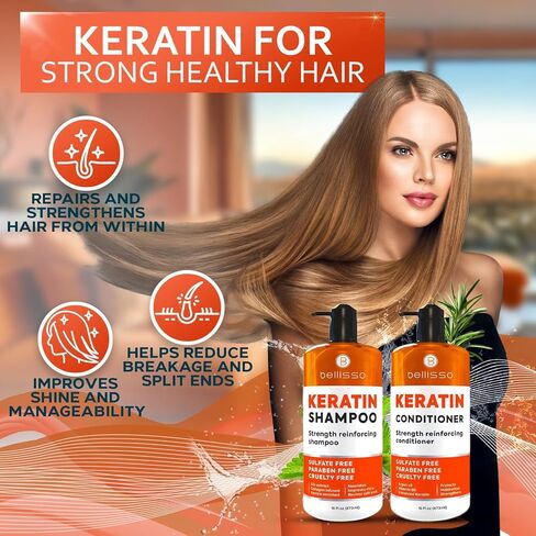 Keratin Shampoo and Conditioner Set - Sulfate and Paraben Free - Salon Repair for Dry, Damaged and Color Treated Hair - Anti Frizz Formula for Women and Men in Kuwait