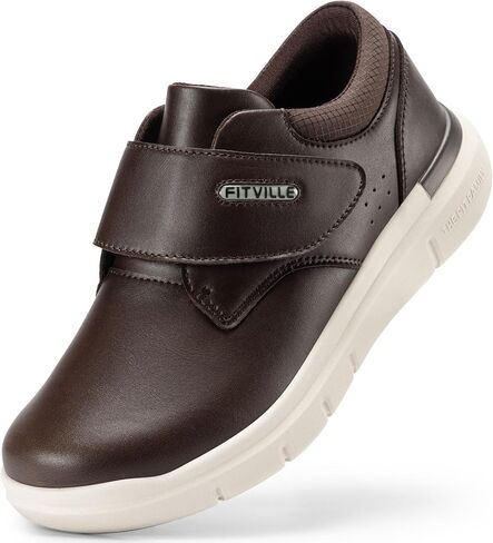 FitVille Diabetic Shoes for Men Extra Wide Slip-on Walking Shoes for Edema Hook & Loop Recovery Leather Shoes for Swollen Feet (8.5 Wide) Black in Kuwait