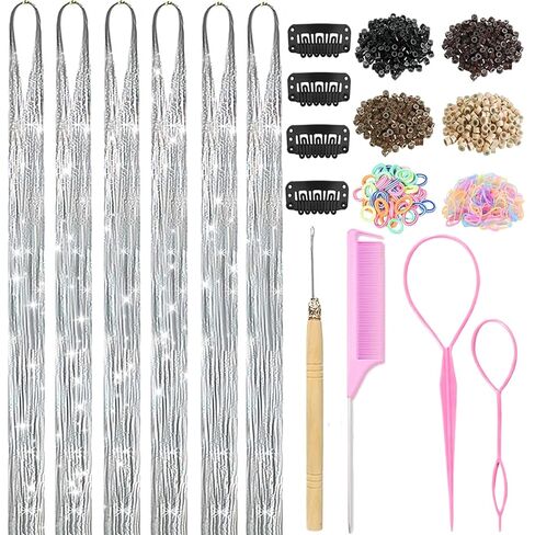 Hair Tinsel Kit With Tool 3200 strands Tinsel Hair Extensions 12 Colors Fairy Hair Tinsel, Sparkling Shiny Hair Tinsel Heat Resistant (Plier+Pulling Needle+Comb+2pcs Tool Loop+100 Dark Beads) in Kuwait