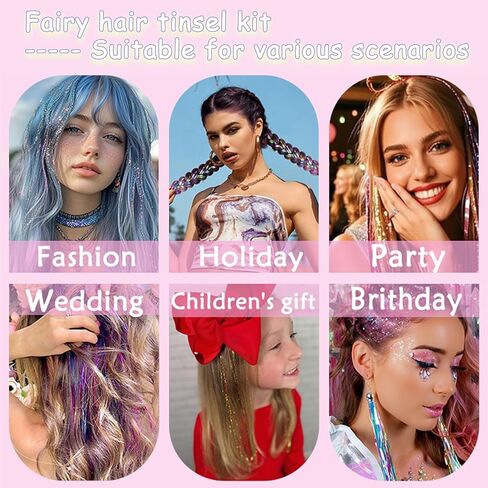 Hair Tinsel Kit With Tool 3200 strands Tinsel Hair Extensions 12 Colors Fairy Hair Tinsel, Sparkling Shiny Hair Tinsel Heat Resistant (Plier+Pulling Needle+Comb+2pcs Tool Loop+100 Dark Beads) in Kuwait