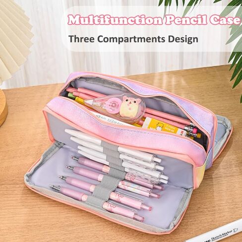Glitter Rainbow Pencil Case, Large Capacity Pencil Pouch Pen Bag Organizer with 3 Compartments for Student School Office Supplies, Cute Pencil Holder Pen Box Stationary Bag in Saudi Arabia