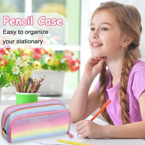 Glitter Rainbow Pencil Case, Large Capacity Pencil Pouch Pen Bag Organizer with 3 Compartments for Student School Office Supplies, Cute Pencil Holder Pen Box Stationary Bag in Saudi Arabia