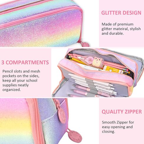Glitter Rainbow Pencil Case, Large Capacity Pencil Pouch Pen Bag Organizer with 3 Compartments for Student School Office Supplies, Cute Pencil Holder Pen Box Stationary Bag in Saudi Arabia
