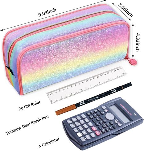 Glitter Rainbow Pencil Case, Large Capacity Pencil Pouch Pen Bag Organizer with 3 Compartments for Student School Office Supplies, Cute Pencil Holder Pen Box Stationary Bag in Saudi Arabia