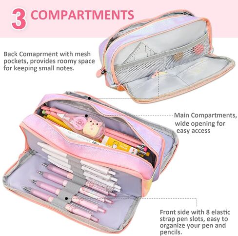 Glitter Rainbow Pencil Case, Large Capacity Pencil Pouch Pen Bag Organizer with 3 Compartments for Student School Office Supplies, Cute Pencil Holder Pen Box Stationary Bag in Saudi Arabia