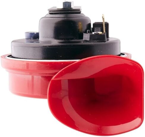 HELLA 3FG 007 424-011 Trumpet Horn - TE16-12V - 110dB(A) - نطاق التردد: 500 هرتز - نغمة عالية - كهربائي - لون السكن: أحمر / أسود - موصل إضافي مسطح in Saudi Arabia