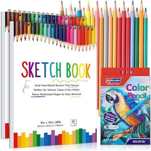 2 Pack Sketch Book with 36 Color Pencil Set, Spiral Kids Sketchbook for Drawing (68lb/100gsm), Acid-Free Sketch Pad for Kids Artist, Art Paper Drawing Supplies for Gifts (9×12 inch) in Saudi Arabia