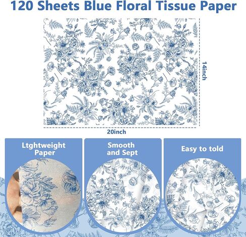 120 Sheets Blue Floral Tissue Paper for Gift Bags - 14x20 Inch Bulk Gift Tissue, Vintage Blue and White Wrapping Paper, Decorative Printed Sheets for Holidays, Birthdays, Crafts in Kuwait